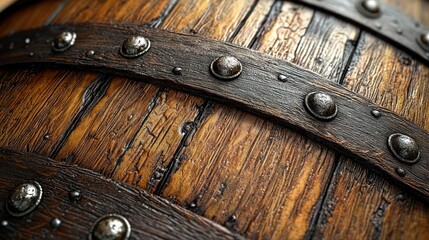 Fototapeta premium Rustic Wooden Barrel Close-up, Metal Bands, Aged Texture, Background Blurred