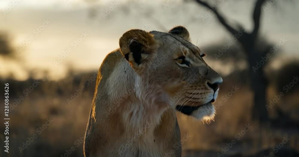Aufkleber Golden hour lioness portrait in an open field with a blurred background and warm lighting