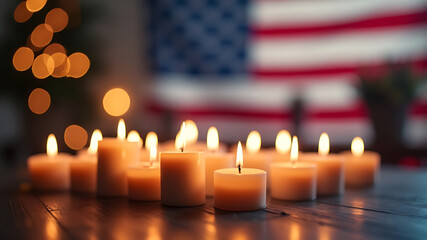 A memorial display of lit candles with an american flag in the background creating a somber atmosphere