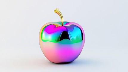 3D Rendered Metallic Apple with Rainbow Chrome Finish and Gold Stem on White Background. Modern, Luxurious, and Technological Aesthetic
