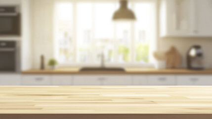 blurred kitchen interior with empty wooden countertop in foreground, featuring modern appliances and bright, airy atmosphere