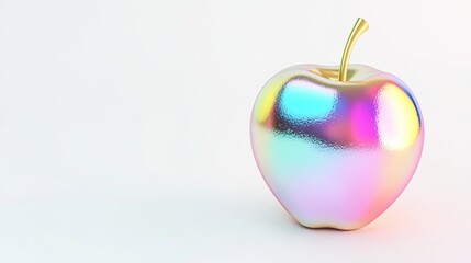 3D Rendered Metallic Apple with Rainbow Chrome Finish and Gold Stem on White Background. Modern, Luxurious, and Technological Aesthetic