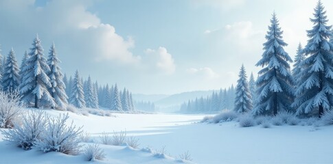 The landscape is painted in shades of white and gray with a hint of blue, icy, woodland