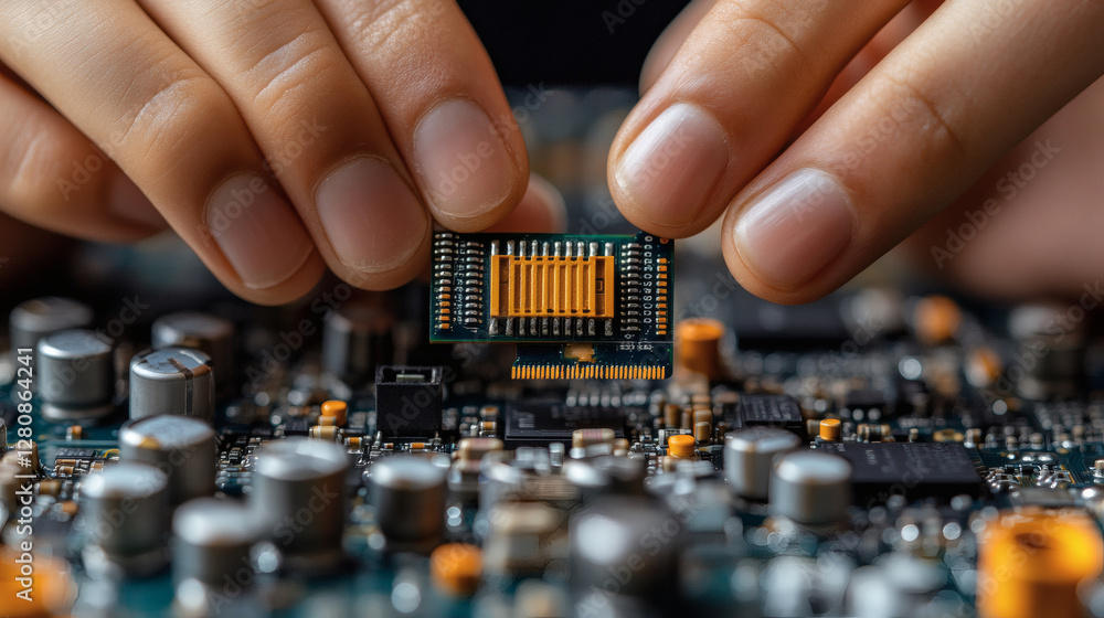 Poster a person is carefully placing a microchip onto a circuit board, highlighting the intricacies of elec