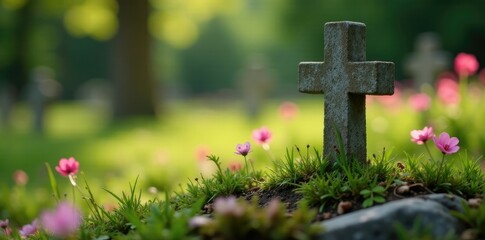 Tiny stone cross on a grave with overgrown flowers, gravestone, memorial