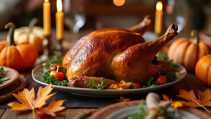 A thanksgiving feast featuring a roasted turkey adorned with pumpkins and autumn leaves on a wooden table