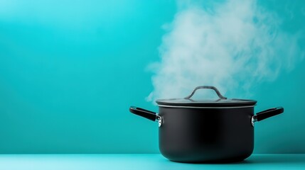  Black Cooking Pot with Steam on Blue Background in Modern Kitchen. Culinary Scene with Warmth and Style.