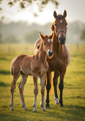 Obraz premium Beautiful mare standing beside her young foal in sunlit green pasture with soft golden light in countryside