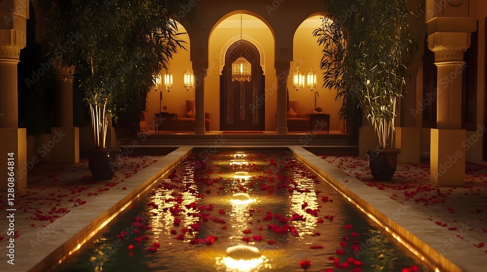 Poster Serene courtyard with a reflecting pool adorned with rose petals, illuminated by soft lights at dusk