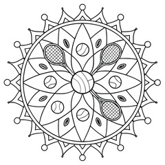 Tennis Mandala Coloring Page: Intricate Racket & Ball Design for Relaxation, Sports Themed Art, Printable Activity for Adults & Kids