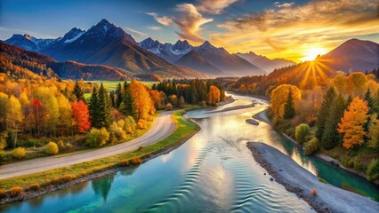 Majestic autumn sunset bathes Hoefen's Lech River plait in Reutte, Austria, a panoramic masterpiece.