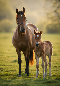 Beautiful mare standing beside her young foal in sunlit green pasture with soft golden light in countryside