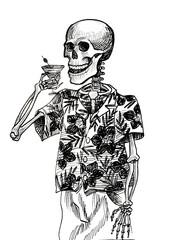Skeleton drinking cocktail. Hand drawn ink  black and whiteillustration

