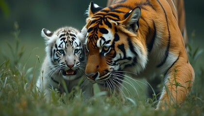 : Bengal Tiger Teaching White Tiger Cub in the Wild