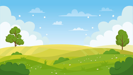 Cartoon meadow landscape. summer green fields view, spring lawn hill and blue sky, green grass fields landscape background illustration. field grass, meadow landscape spring or summer Premium Vector