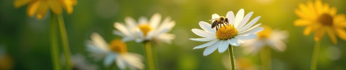 Obraz premium White echinacea flower with a tiny bee and pollen in the air around it, insects, wildflower