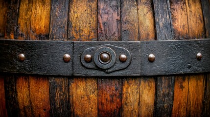 Rustic wooden barrel detail, iron band, outdoor setting, texture background