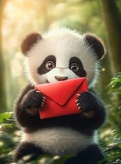 Obraz premium Adorable Fluffy Panda Cub Holding Red Envelope in Lush Green Forest