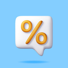 3D speech bubble with percent symbol. Render comment with percentage sign. Discount announcement, sale notification. Promotion shopping symbol. Offer, price tag, coupon, bonus. Vector illustration
