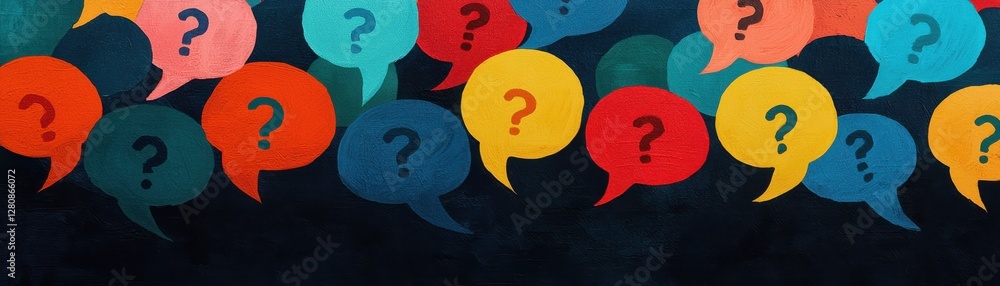 Poster colorful speech bubbles with question marks on a dark background representing inquiries and discussi