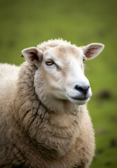 Fototapeta premium Close up of a woolly sheep standing in a green pasture with blurred background
