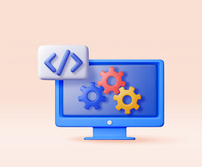 3d code icon and gear cogwheel in computer. Render computer software language symbol on desktop pc. Computer programming language. Web development code interface sign. Coding tag. Vector illustration