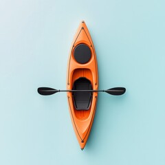 Aerial View of Orange Kayak with Paddle on Light Blue Backdrop for Recreation