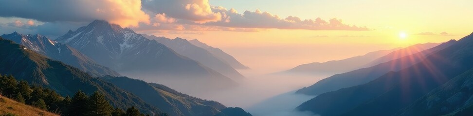 Fototapeta premium Winding wisps of cloud drift across sunlit mountainsides, scenery, serene