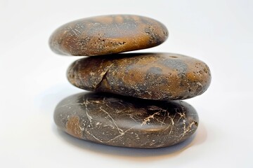 Stack of three smooth brown stones with white veins isolated on white background. Spa and relaxation concept.