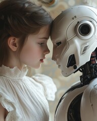 A female robot stares into the eyes of a girl. With signs of understanding 