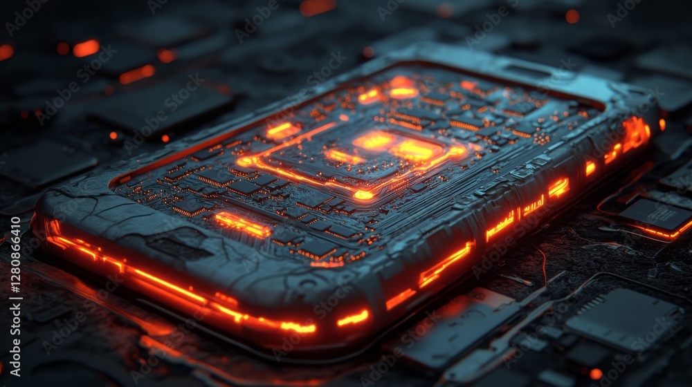 Poster the innovative technology features a glowing microchip framed by colorful light patterns in stunning