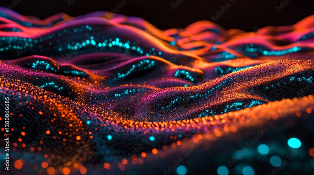 Poster in high-definition, dynamic light patterns in vibrant hues create a mesmerizing effect