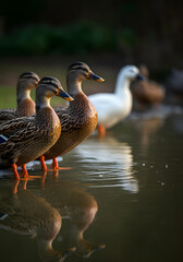 Obraz premium Mallard ducks standing by a calm reflective pond with natural wetland surroundings