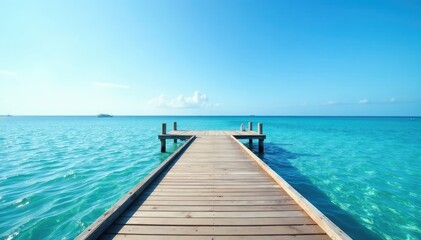 Fototapeta premium Wooden pier stretches over calm waters beneath blue sky, clear, serene