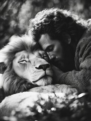 A man embracing a lion in the wilderness.