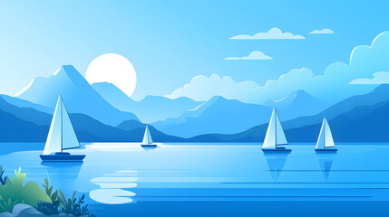 A flat illustration of the sea, with sailboats on it and mountains in the distance
