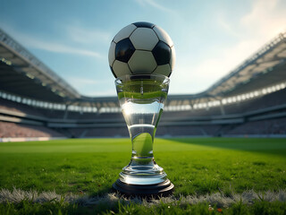 A soccer ball resting on a clear trophy in a stadium on a sunny day on the green grass field outdoors