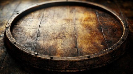Fototapeta premium Rustic wooden barrel top, cellar background, product display