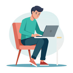 a boy is using his laptop vector