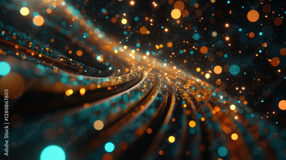 Poster an enchanting view of data strands that swirl with brilliant particles in a dark setting