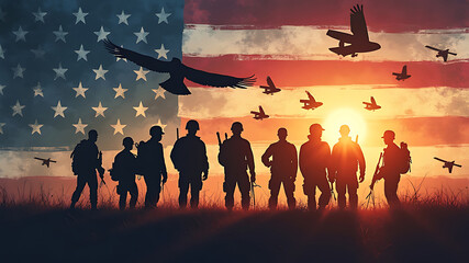 Silhouette of soldiers against american flag with eagles flying at sunset honoring military service