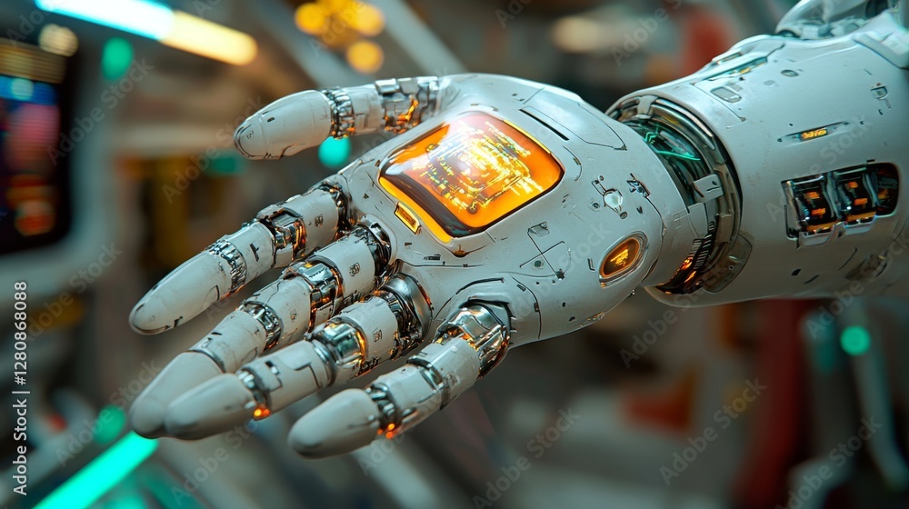 Poster innovative robotic hand design featuring advanced technology and ai features