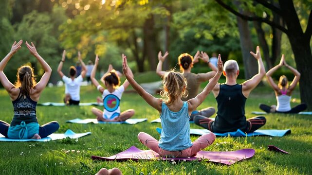 On World Yoga Day, families in a park deepen connections with healthful partner yoga session. International Yoga Day