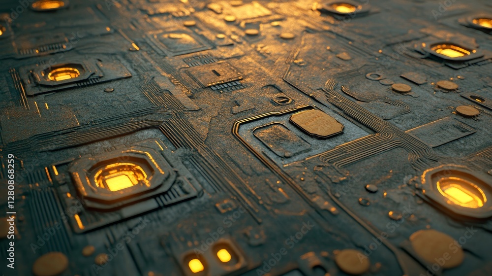 Aufkleber circuit board illuminated by bright lines and dots in 4k resolution