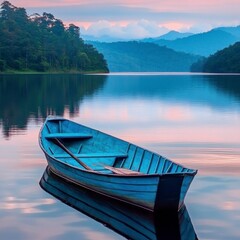 Obraz premium Blue Wooden Boat Floating on Calm Lake with Mountain Backdrop Under Pastel Sky