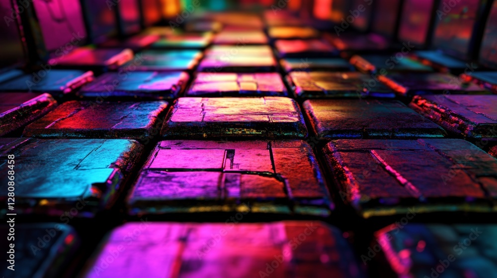 Poster an abstract digital display with energetic squares and sparkling particles in constant motion