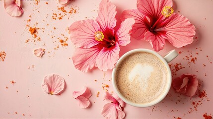 A white coffee cup with creamy latte, surrounded by vibrant pink hibiscus flowers and petals, sprinkled with spice on a soft pink background