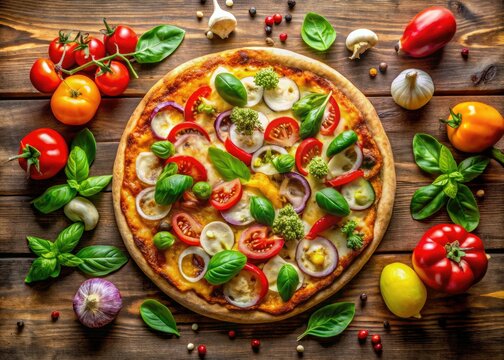 Overhead shot of a delectable farm-to-table vegetable pizza, a gourmet recipe.