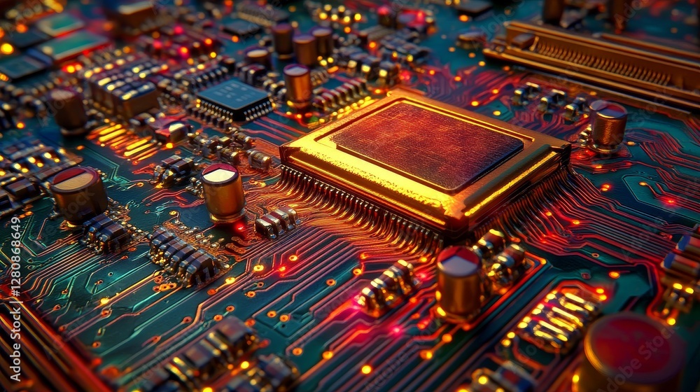 Poster examining the detailed structure of a high-performance circuit board with shining components