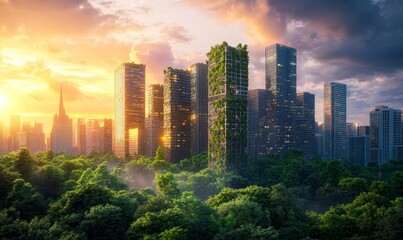 Obraz premium Sustainable Future Concept: Net Zero Emissions, Climate Neutral Cityscape with Greenery, CO2 Reduction, Environmental Conservation and Global Warming